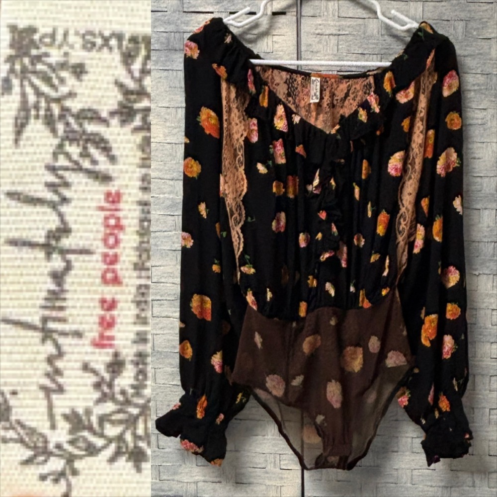 Free People Bodysuit Oversize XS‎ Black Floral Lace Ruffle Long Sleeve